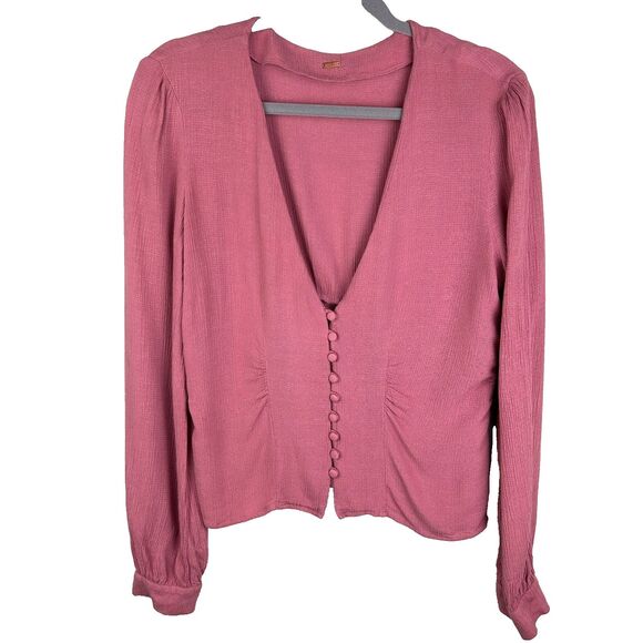 Free People Maise Button Front Blouse Long Puff Sleeve Top Rose Mauve Pink S M - Picture 2 of 14